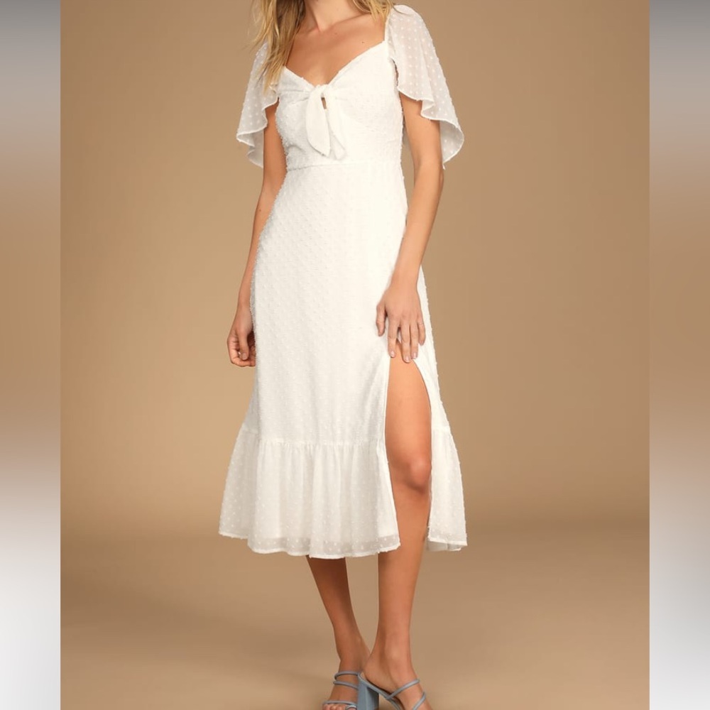 LULUS White Swiss Dot Short Cape Sleeve Midi Dress - new with tags